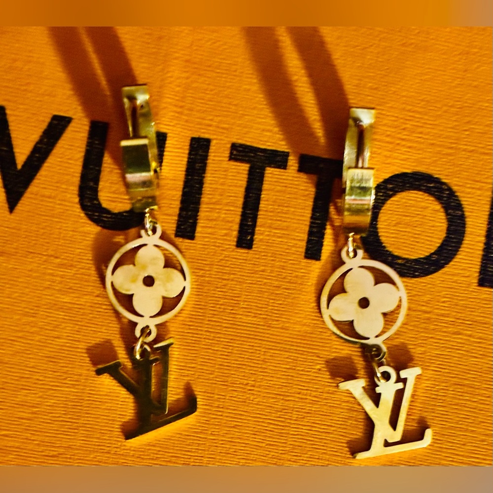 Dainty Gold Plated LV Drop Hoop Earrings